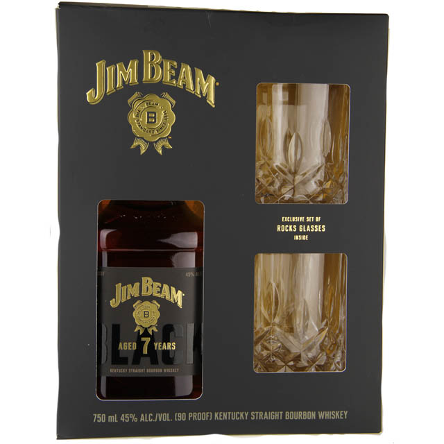 Jim Beam Black Kentucky Bourbon Gift Set with 2 Rocks Glasses / 750mL