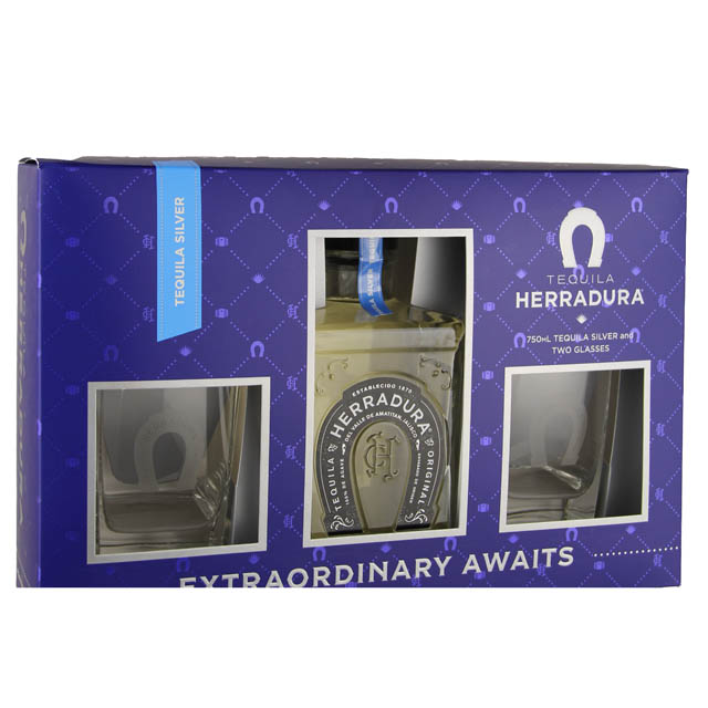 Herradura Silver Tequila Gift Set with 2 Tumbler Glasses / 750 ml