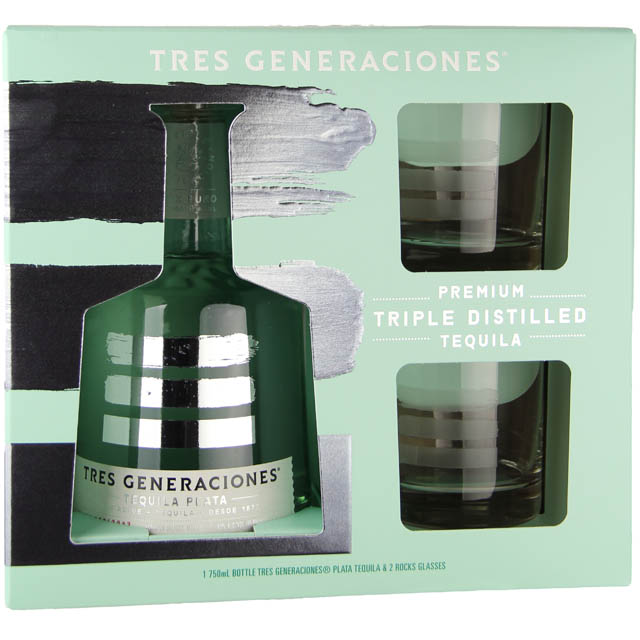 Tres Generaciones Plata Tequila Gift Set with 2 Glasses / 750 ml