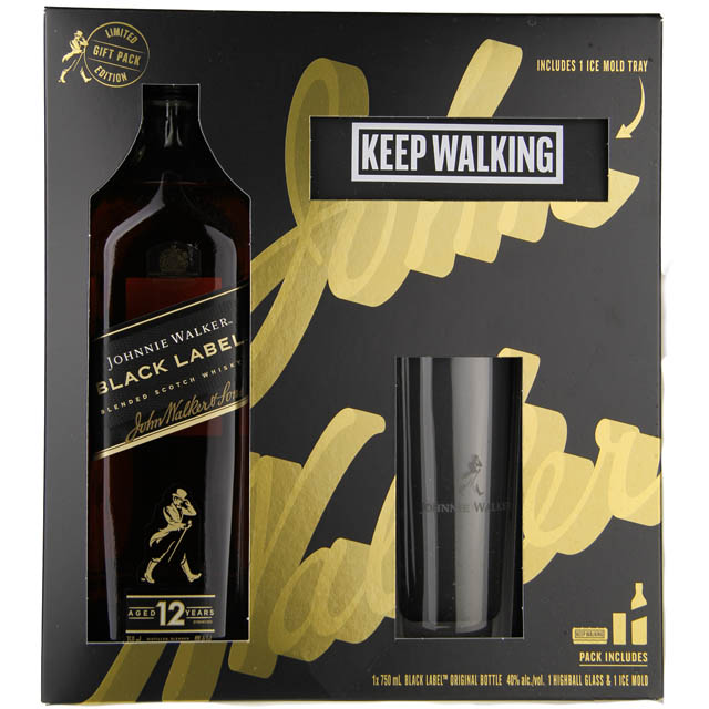 Johnnie Walker Black Label Blended Scotch Whisky Gift Set with Highball Glass &amp; Ice Mold / 750mL