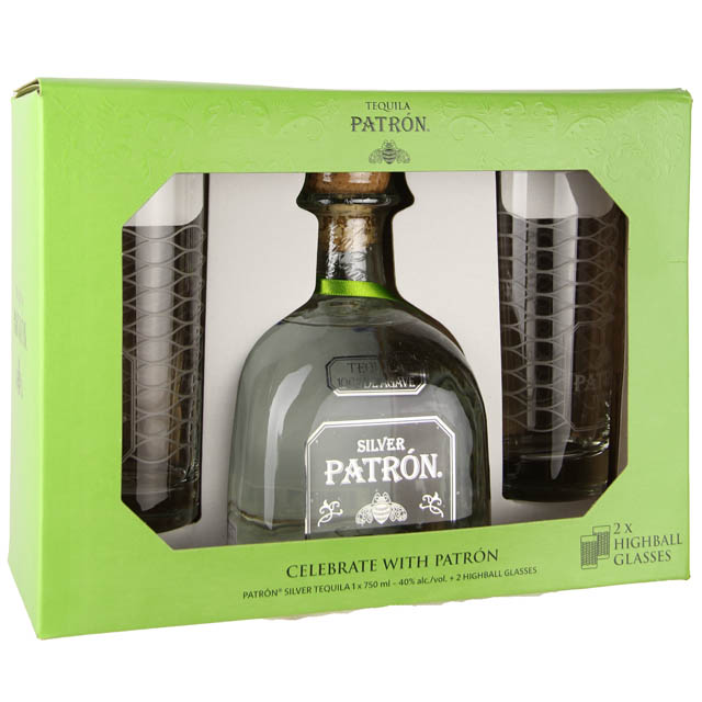 Patron Silver Tequila Gift Set with 2 Highball Glasses / 750 ml
